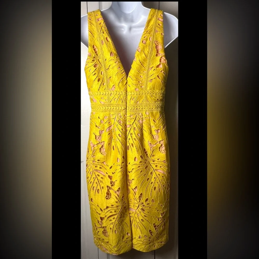MAEVE Anthropologie Gardenia Lace Overlay Dress Sleeveless Column V Yellow